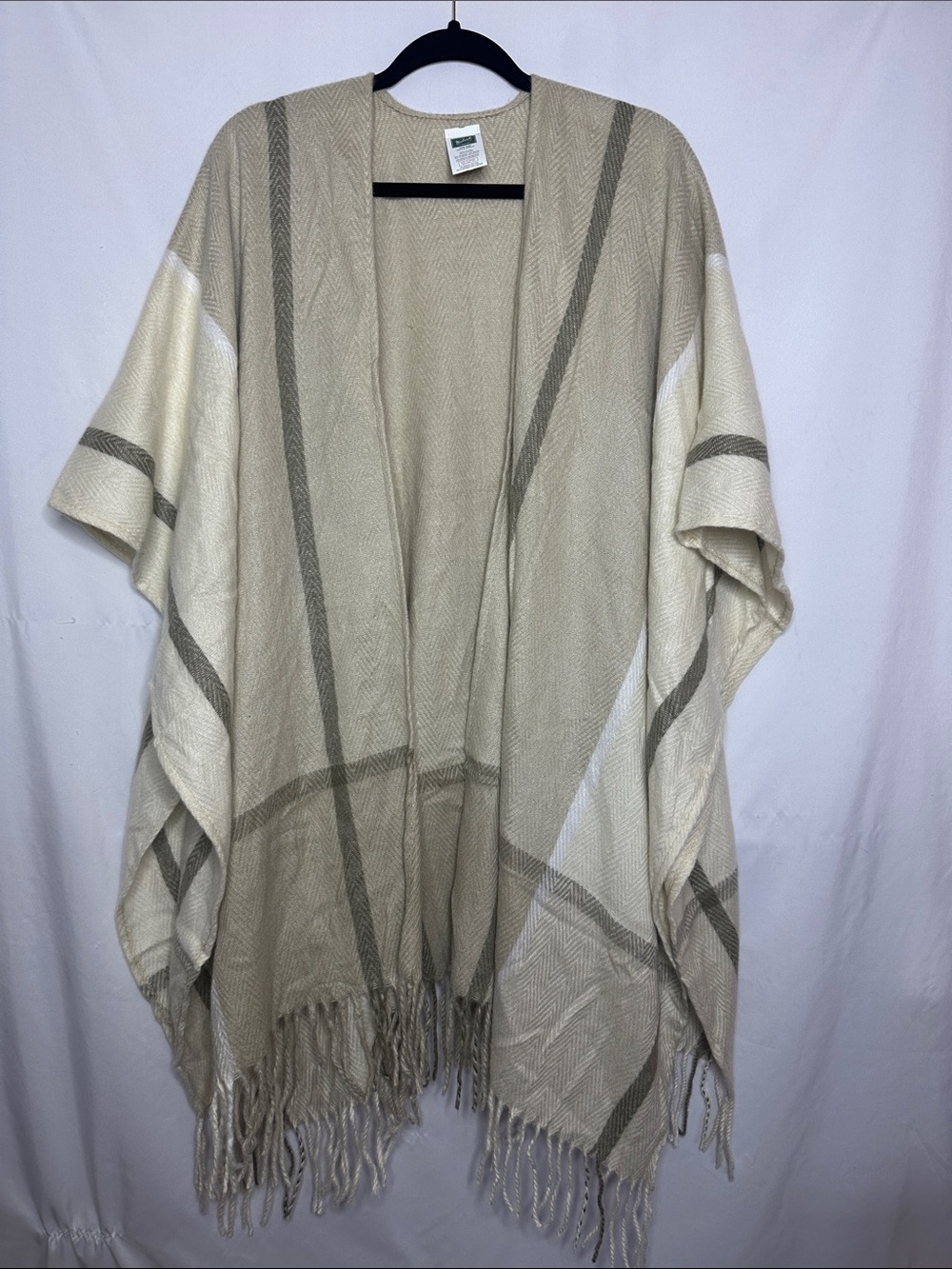 WOOLRICH | Neutral Fringe Plush Blanket Poncho Wrap - Cream & Taupe, One Size